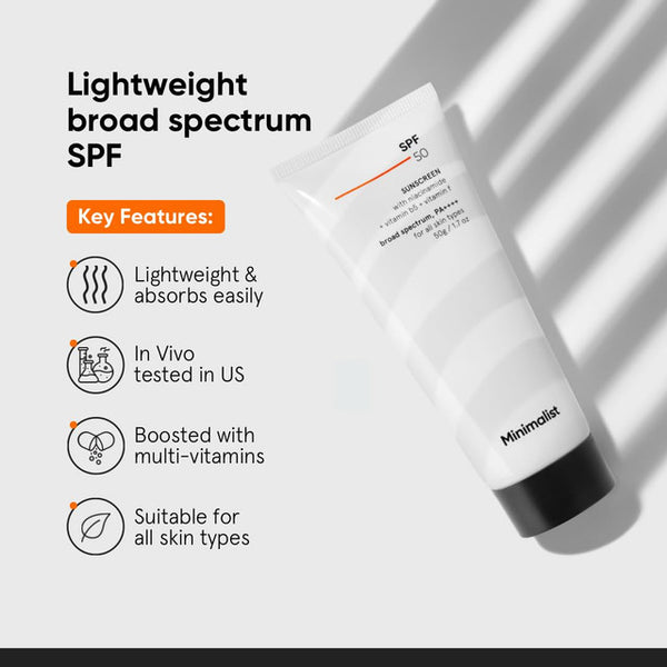 Minimalist Cream Sunscreen SPF 50 Lightweight With Multi-Vitamins, No White Cast, Broad Spectrum PA ++++ Acne Safe For Unisex, 50g