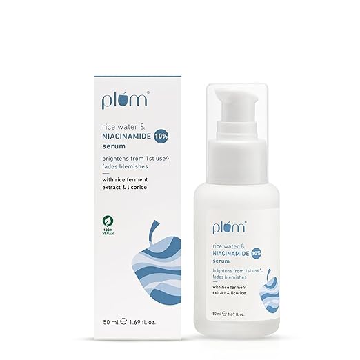 Plum 10% Niacinamide Serum with Rice Water 50ml | Provides Clear, Glowing & Brightening Skin | for Acne Prone, Combination, Oily & Sensitive Skin | Oil Control & Anti Acne Face Serum for Women & Men