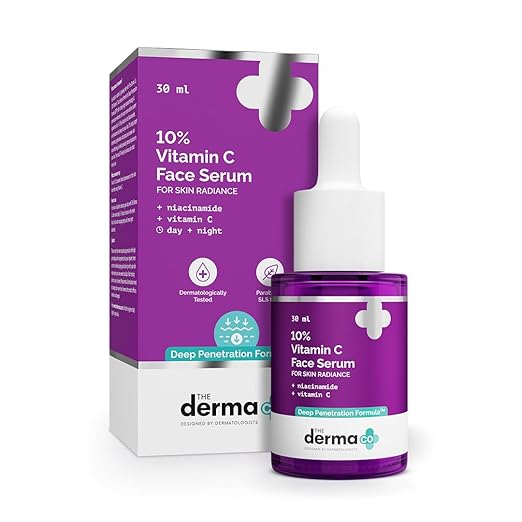 The Derma Co 10% Vitamin C Face Serum with 5% Niacinamide, Powered by Deep Penetration Formula™ | Fades Dark Spots | Reduces Pigmentation | Boosts Collagen | Brightens Skin | All Skin Types | 30 ml
